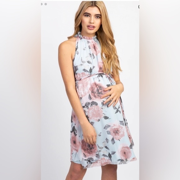 Pink Blush Light Blue Floral High Neck Maternity Dress Size L - Picture 1 of 10